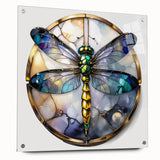 Close-up of a side view acrylic wall art piece showcasing a dragonfly design, featuring vibrant colors and intricate details, perfect for nature-themed decor.