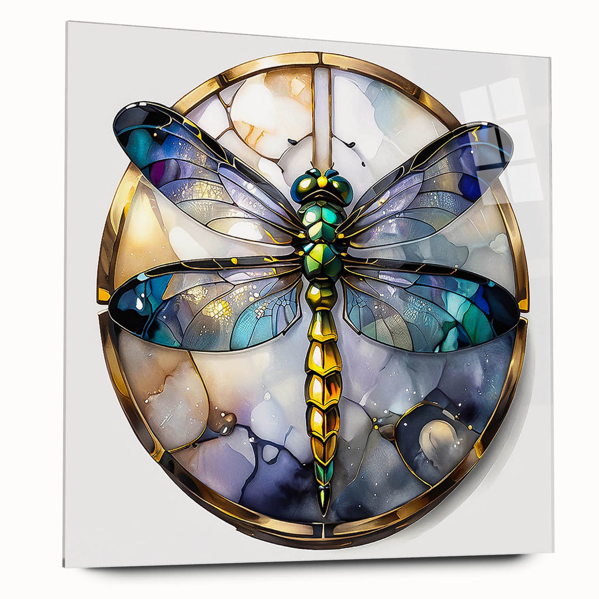 Side view of a dragonfly design wall art piece made from acrylic glass, showcasing intricate details and vibrant colors, perfect for nature enthusiasts' decor.