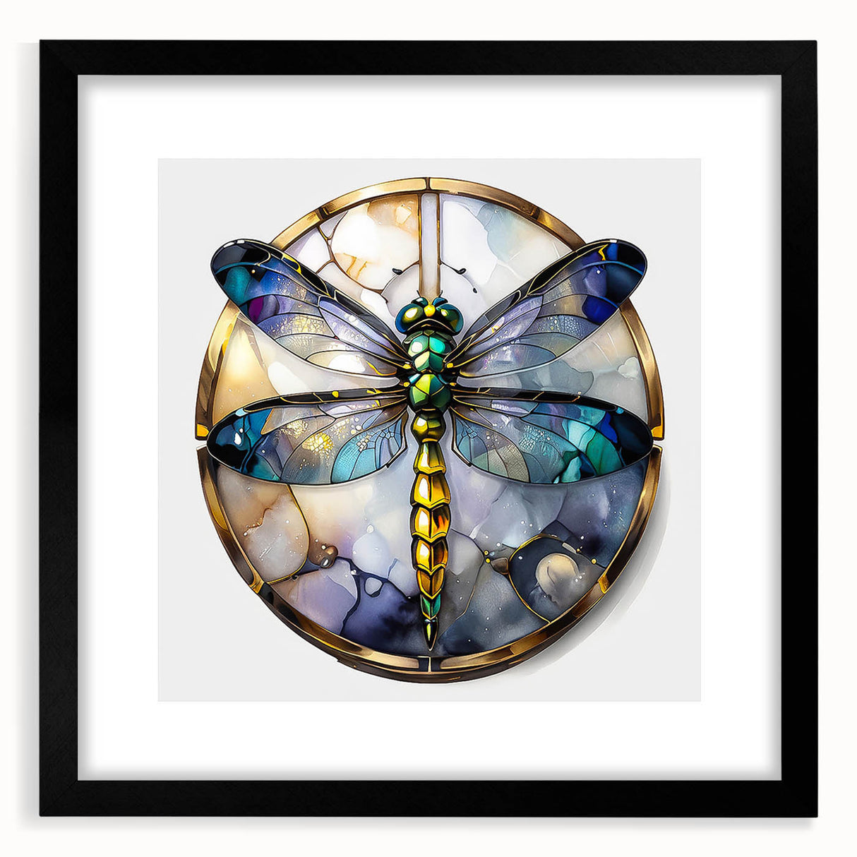 Black-framed wall art featuring a detailed dragonfly and arachnid design, perfect for nature enthusiasts and home decor lovers. Ideal for enhancing living spaces.