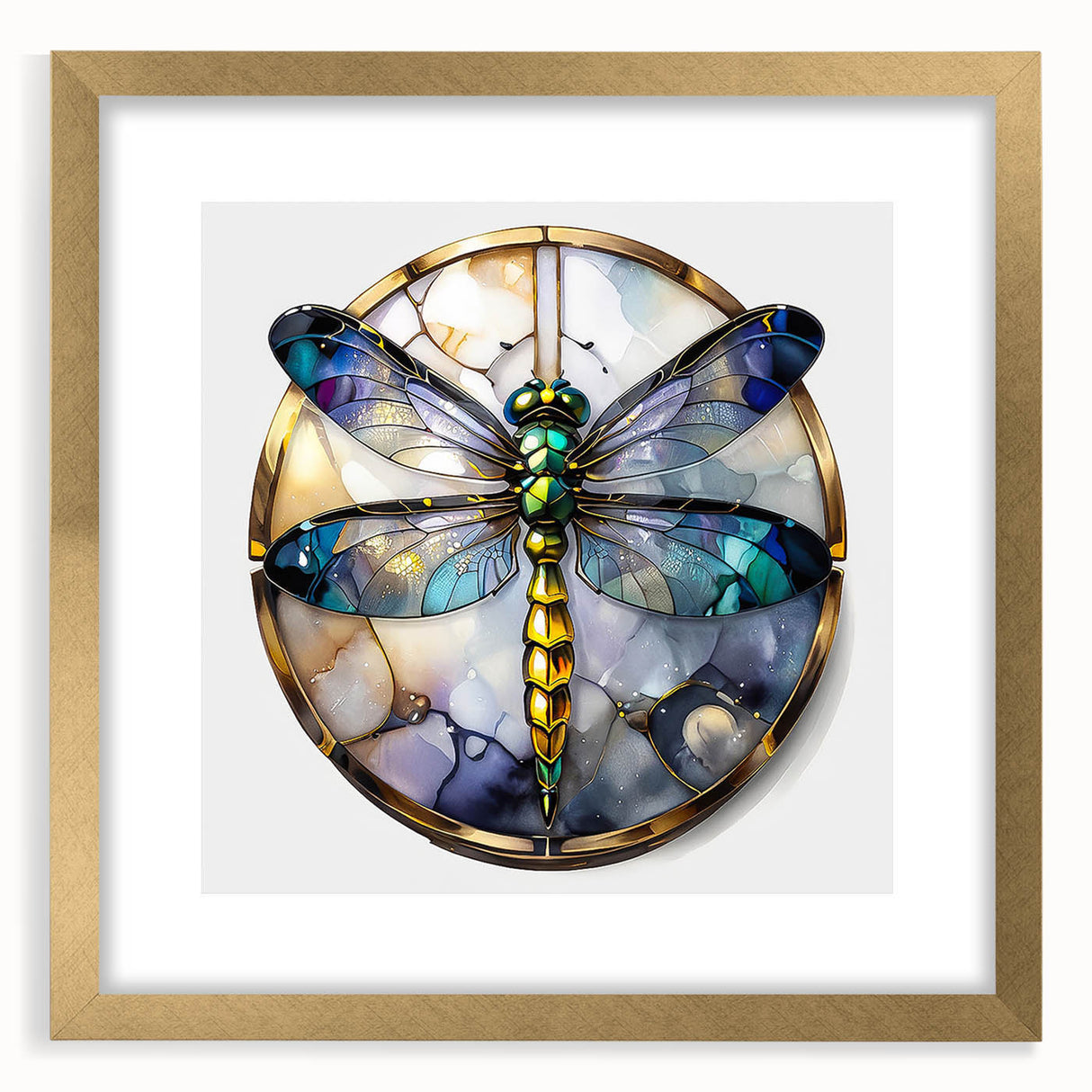 Elegant gold-framed wall art featuring a dragonfly design, showcasing intricate details and vibrant colors, perfect for nature-themed decor or insect enthusiasts.