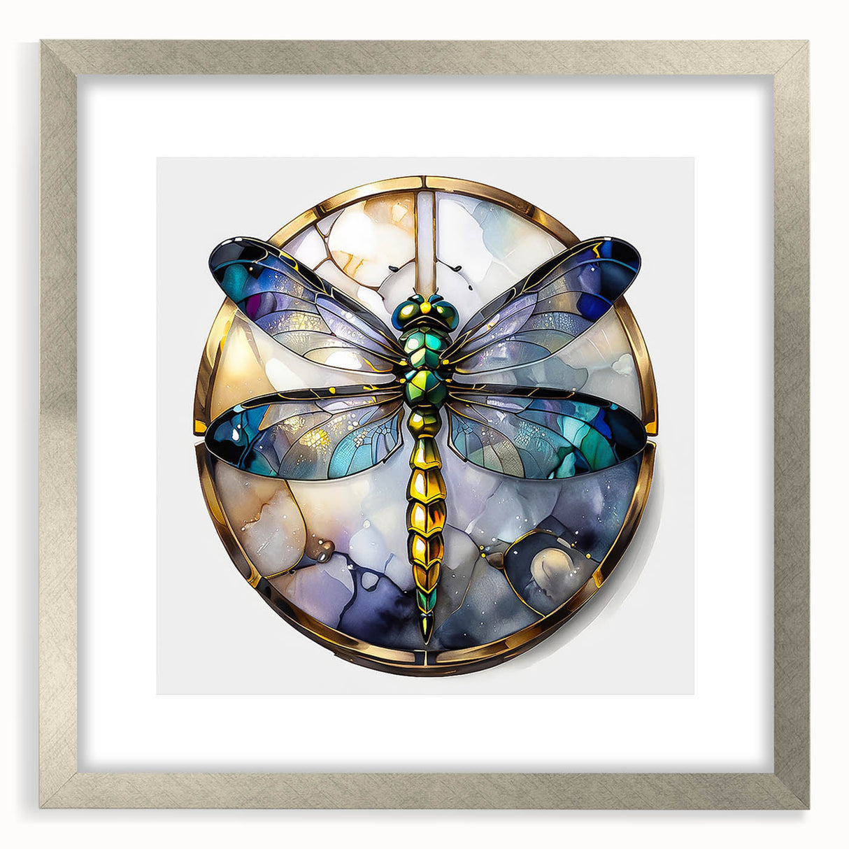 Dragonfly-themed wall art framed with a sleek silver mat, showcasing intricate insect and arachnid designs, perfect for nature-inspired decor. Ideal for enhancing any modern living space or office environment.