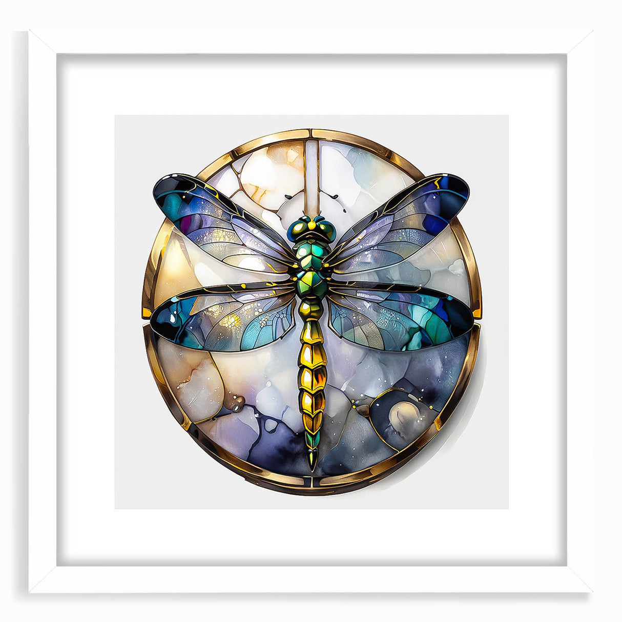 Dragonfly wall art framed print showcasing intricate insect and arachnid designs in vibrant colors, featuring a white mat for a clean presentation, ideal for nature enthusiasts.