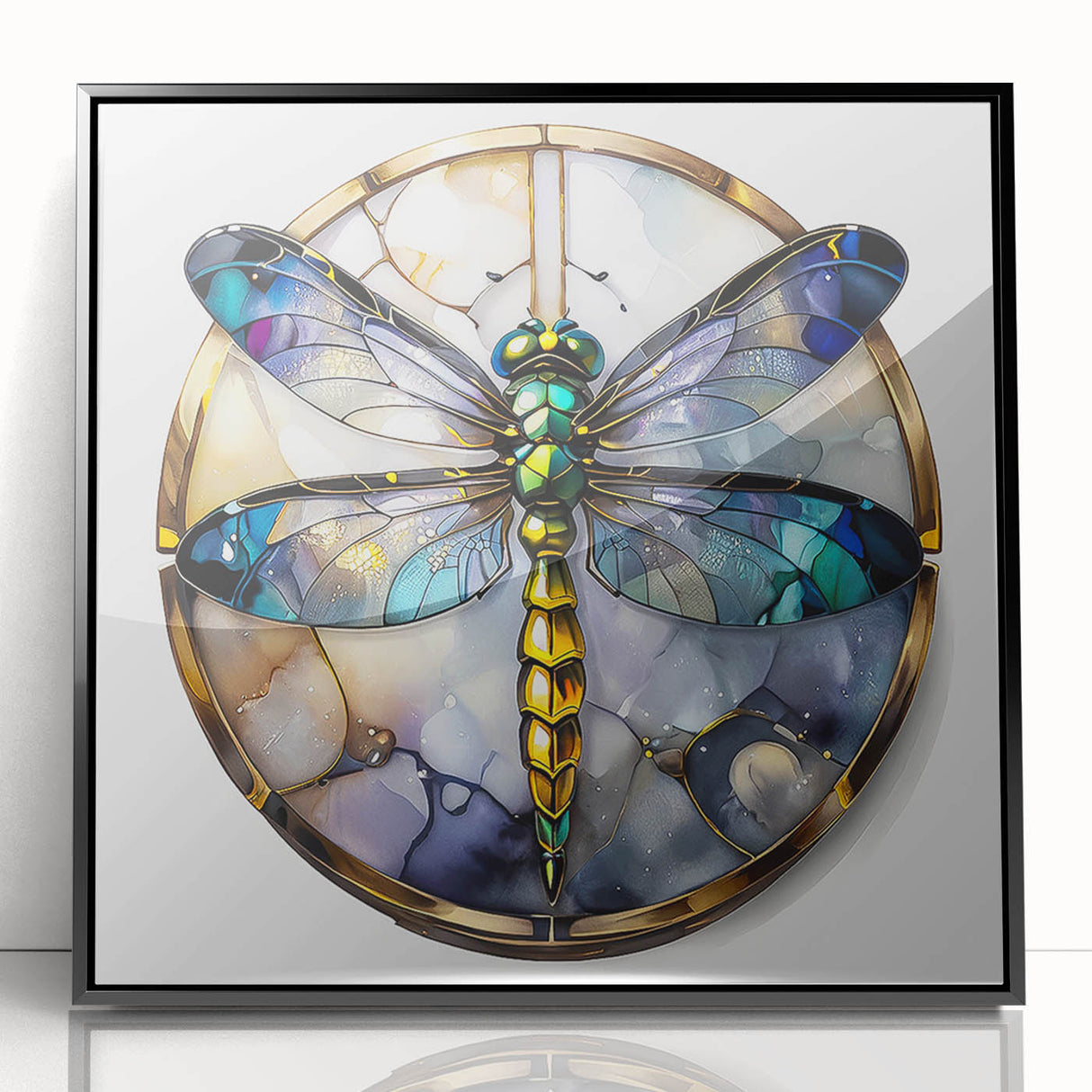 Framed wall art featuring a detailed dragonfly design, set against a sleek black background. The vibrant colors and intricate patterns enhance any decor, perfect for nature enthusiasts.