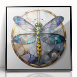 Framed wall art featuring a detailed dragonfly design, set against a sleek black background. The vibrant colors and intricate patterns enhance any decor, perfect for nature enthusiasts.