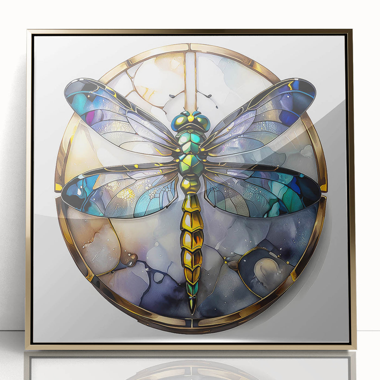 Framed wall art featuring a detailed dragonfly design with intricate patterns and vibrant colors, set in a sleek acrylic frame with a gold finish, perfect for nature-inspired decor.