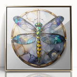 Framed wall art featuring a detailed dragonfly design with intricate patterns and vibrant colors, set in a sleek acrylic frame with a gold finish, perfect for nature-inspired decor.
