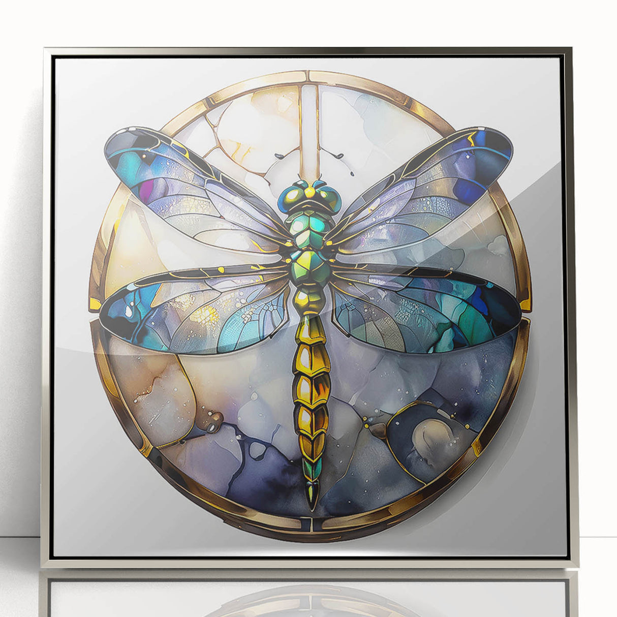 Framed wall art featuring a dragonfly design, showcasing intricate details in vibrant colors against a silver background, perfect for nature-themed decor.