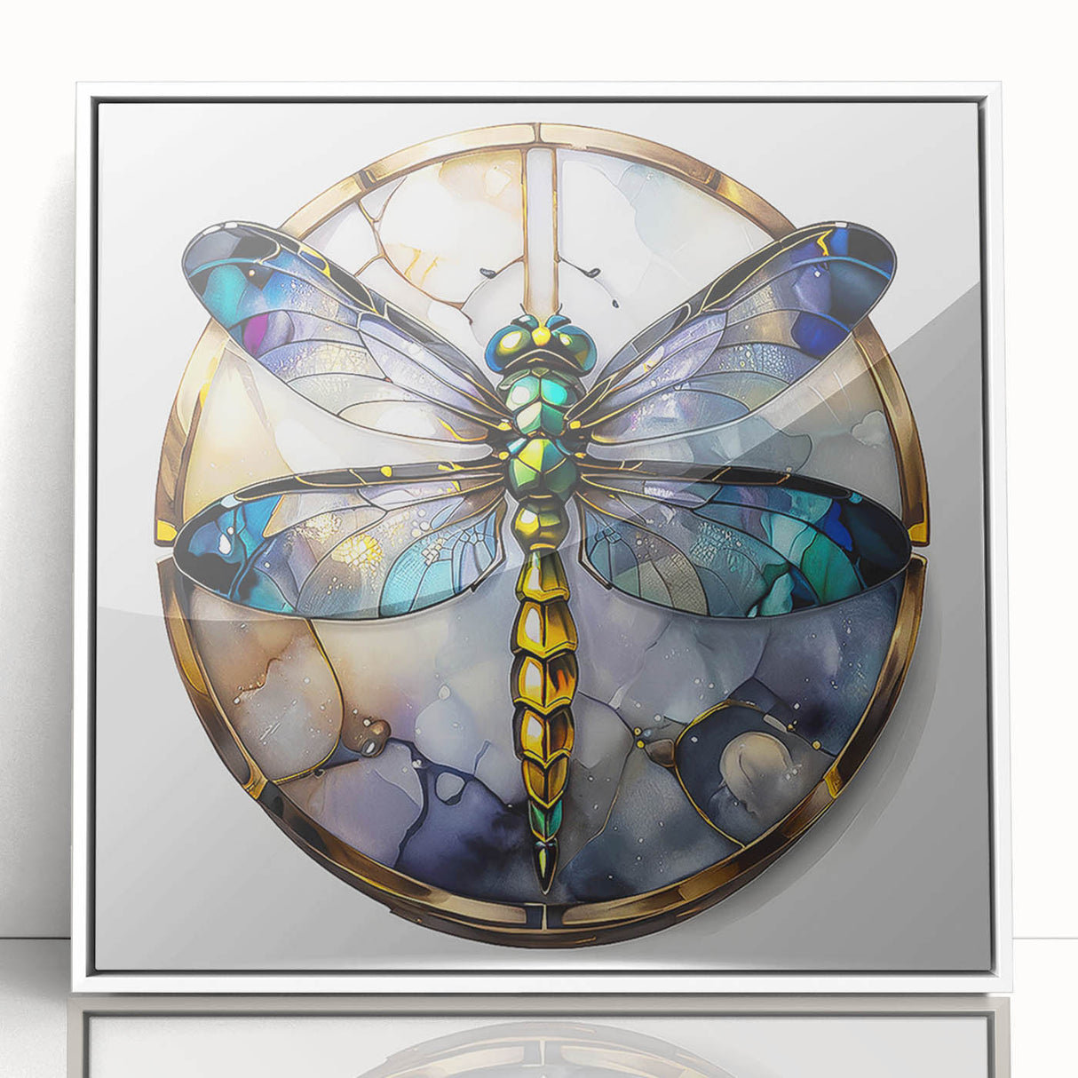 Framed wall art collection showcasing a detailed dragonfly design, featuring vibrant colors and intricate patterns, ideal for nature-themed decor or insect enthusiasts.
