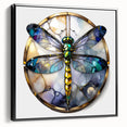 Framed wall art featuring a detailed dragonfly design on a black canvas, showcasing intricate patterns and vibrant colors, ideal for nature-themed decor.