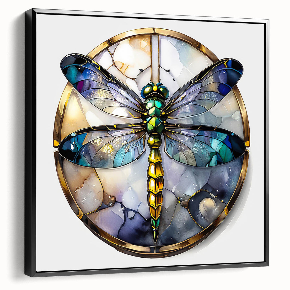Framed wall art featuring a detailed dragonfly design on a black canvas, showcasing intricate patterns and vibrant colors, ideal for nature-themed decor.