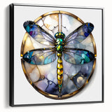 Framed wall art featuring a detailed dragonfly design on a black canvas, showcasing intricate patterns and vibrant colors, ideal for nature-themed decor.