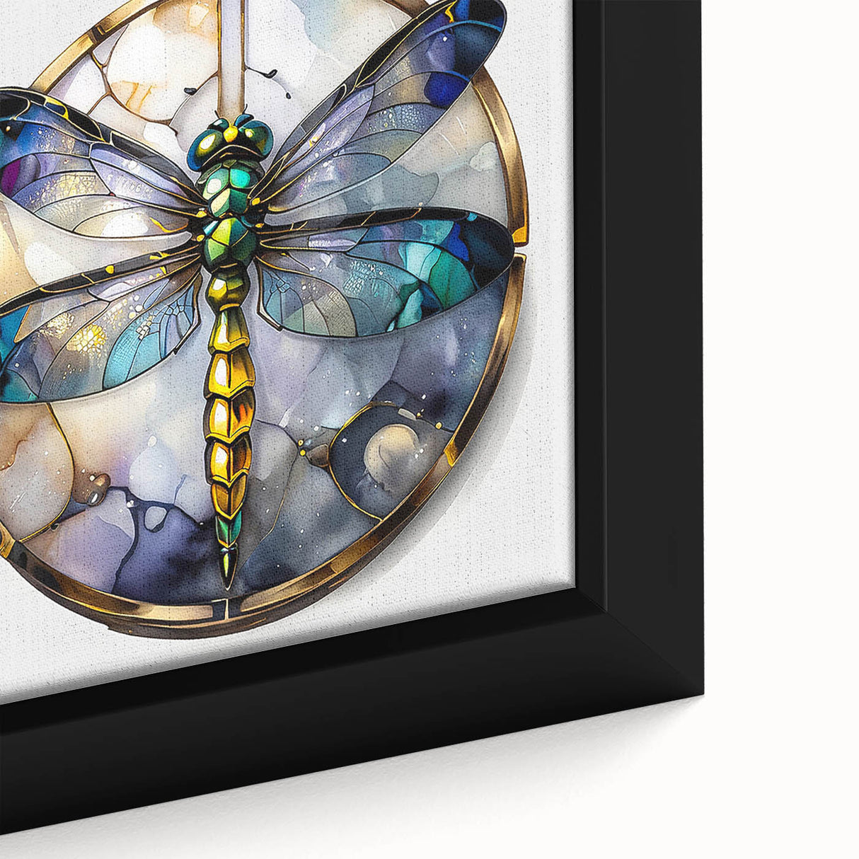 Close-up of a beautifully framed dragonfly wall art design, showcasing intricate details and vibrant colors, perfect for nature-inspired home decor. Ideal for insect enthusiasts and art collectors.