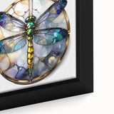 Close-up of a beautifully framed dragonfly wall art design, showcasing intricate details and vibrant colors, perfect for nature-inspired home decor. Ideal for insect enthusiasts and art collectors.