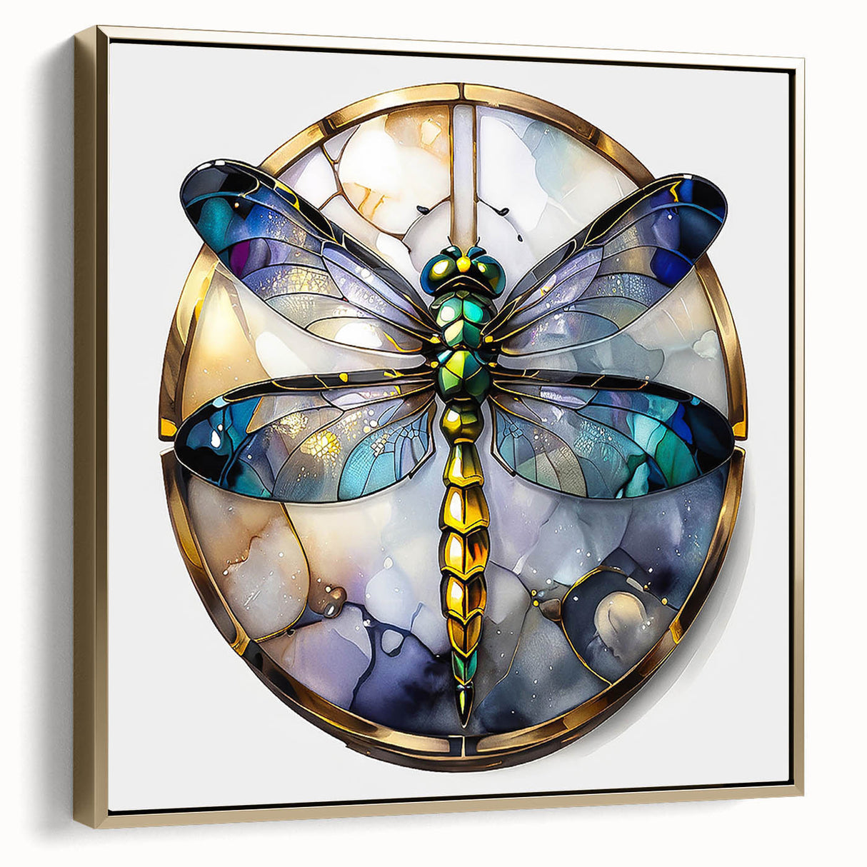 Framed wall art featuring a vibrant gold dragonfly design on a textured canvas, ideal for nature-themed decor, showcasing intricate details and colors.