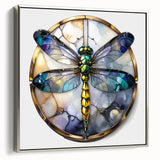 Framed canvas wall art featuring a detailed dragonfly design in vibrant colors, showcasing intricate patterns and textures against a silver background. Perfect for nature-themed decor.