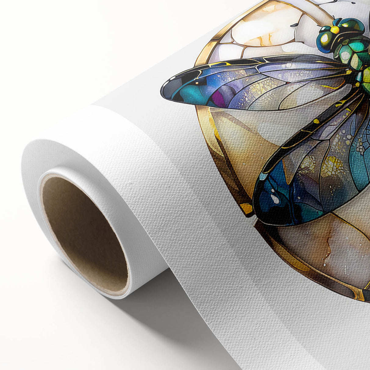 Vibrant dragonfly wall art design on rolled canvas, showcasing intricate details and vivid colors, ideal for nature lovers and home decor enthusiasts.