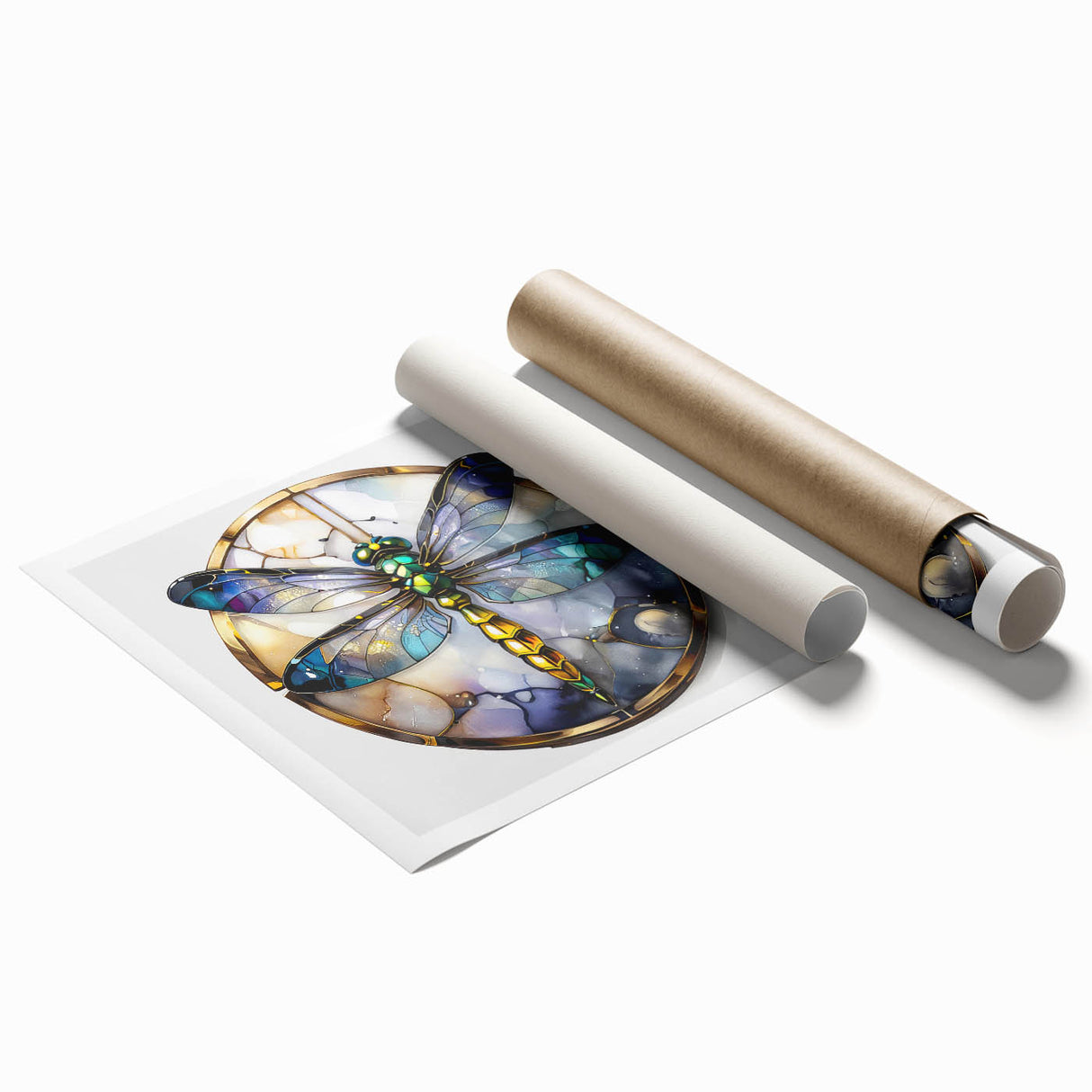 Intricate dragonfly wall art print showcasing vibrant colors and detailed insect designs, rolled and ready for framing, perfect for nature-inspired decor.