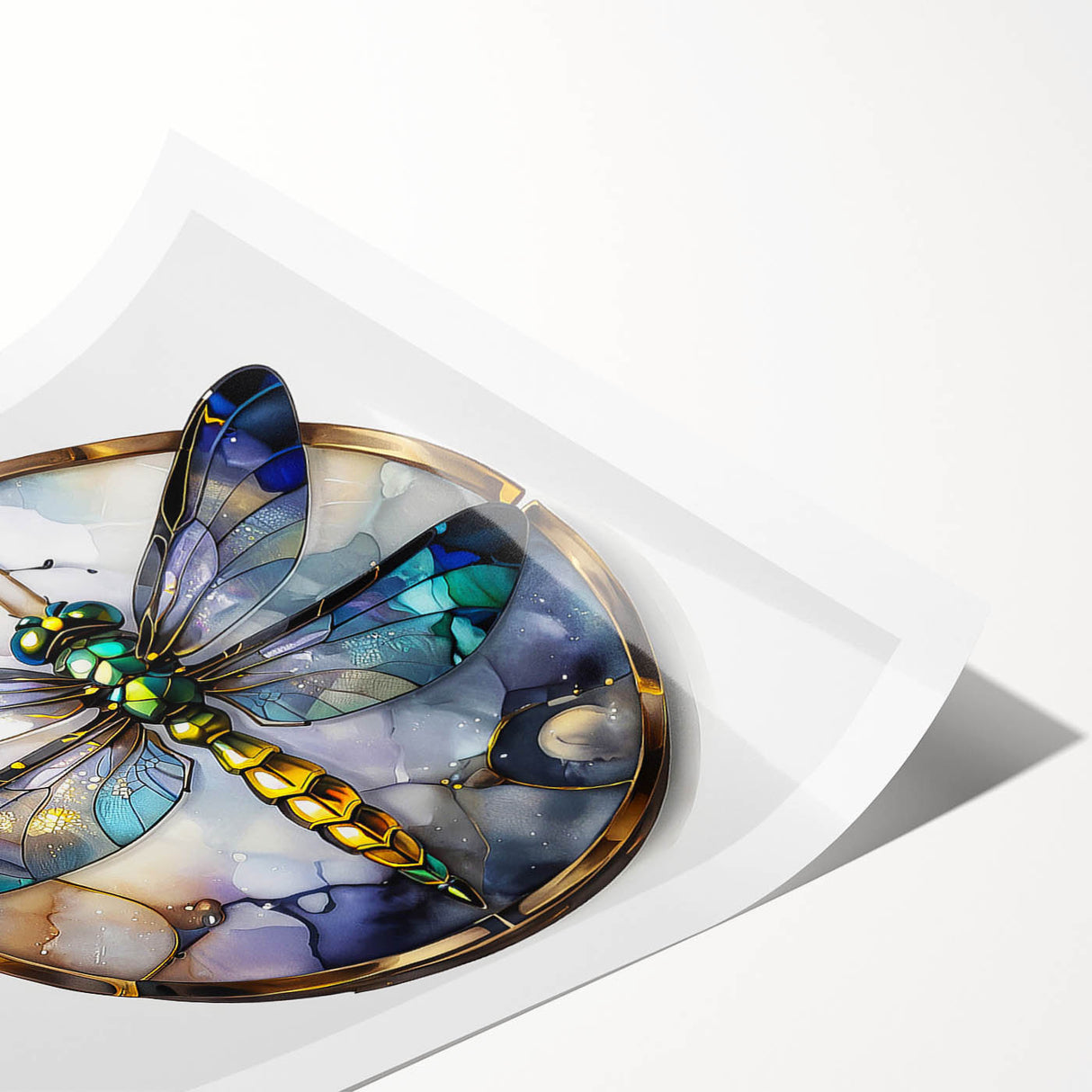 Dragonfly wall art print featuring vibrant blue and green colors, showcasing intricate insect details. Perfect for nature lovers, this rolled design adds a whimsical touch to home decor.
