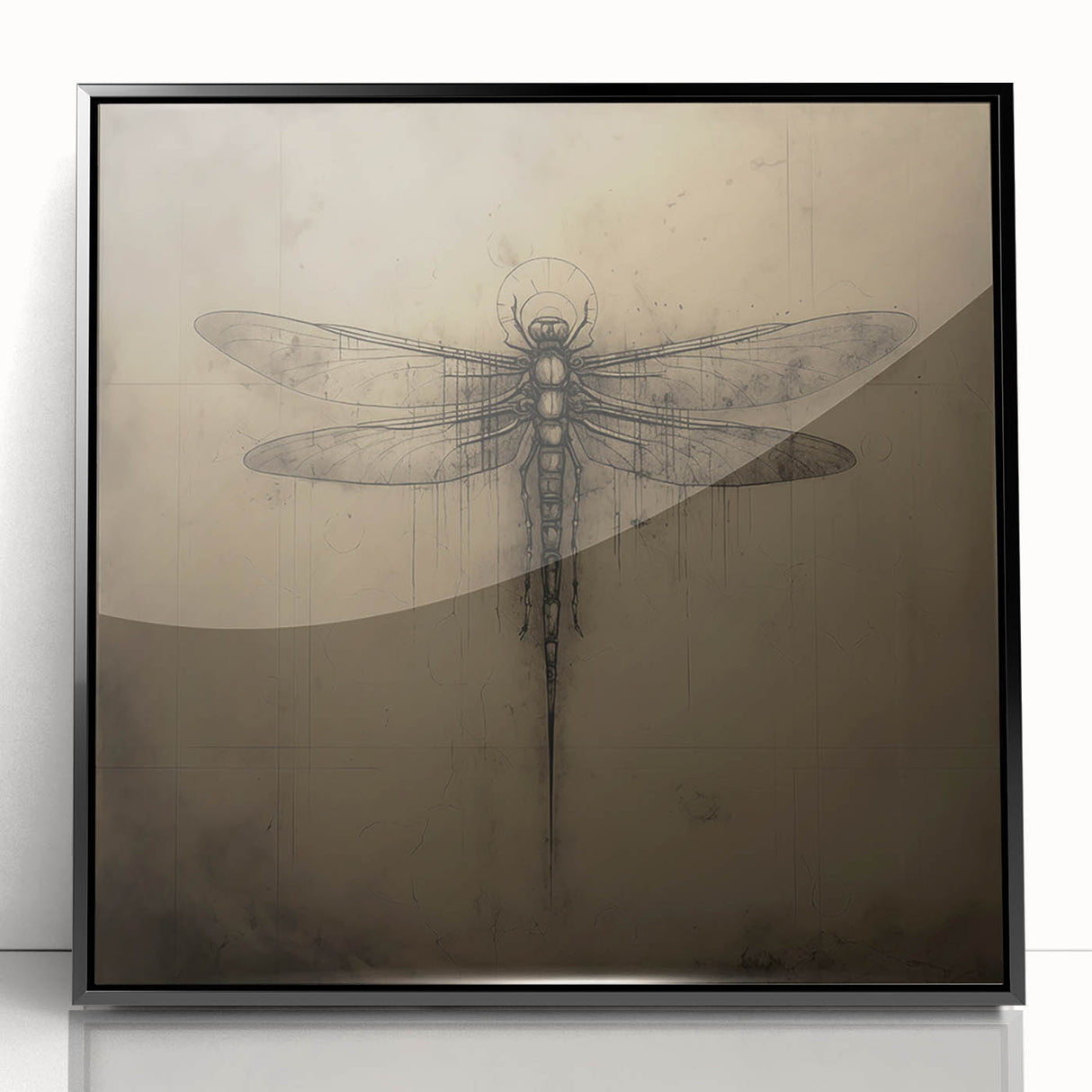 Framed wall art showcasing a detailed dragonfly design in vivid colors, with a sleek black frame, perfect for nature enthusiasts and modern decor.