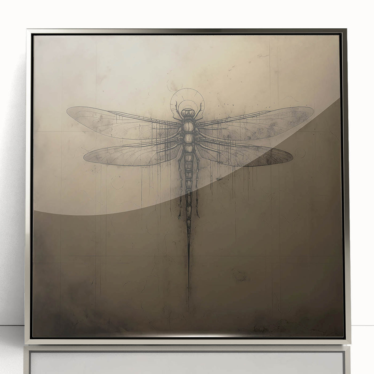 Framed wall art featuring a detailed dragonfly design, elegantly presented in a silver frame, showcasing intricate colors and textures, perfect for nature lovers.