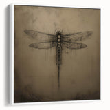 Framed canvas wall art featuring a vibrant dragonfly design on a white background, showcasing intricate details and colorful accents, ideal for nature-themed decor.