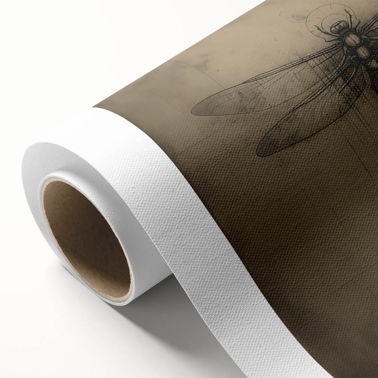 Stylized rolled canvas wall art showcasing a vibrant dragonfly design, featuring intricate details and colorful patterns, ideal for nature enthusiasts and home decor.