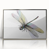 Framed wall art featuring a detailed dragonfly design in vibrant colors, showcasing intricate patterns on a silver-accented background for an elegant home decor accent.