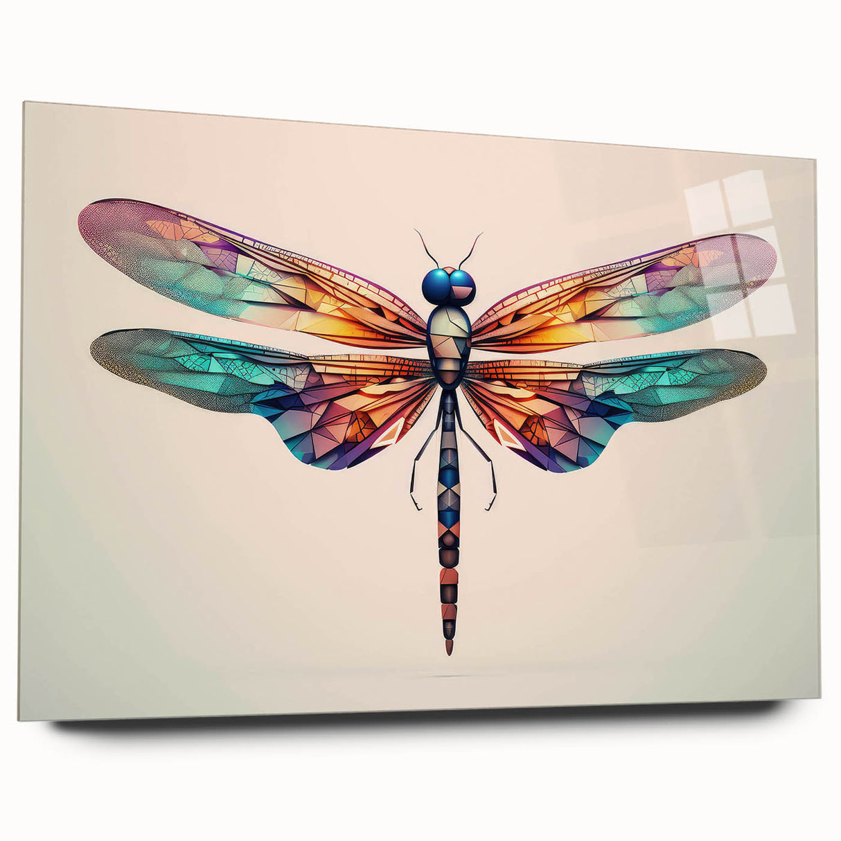 Acrylic wall art featuring a detailed dragonfly design in vibrant colors, showcasing intricate patterns and textures, perfect for nature enthusiasts and modern decor.