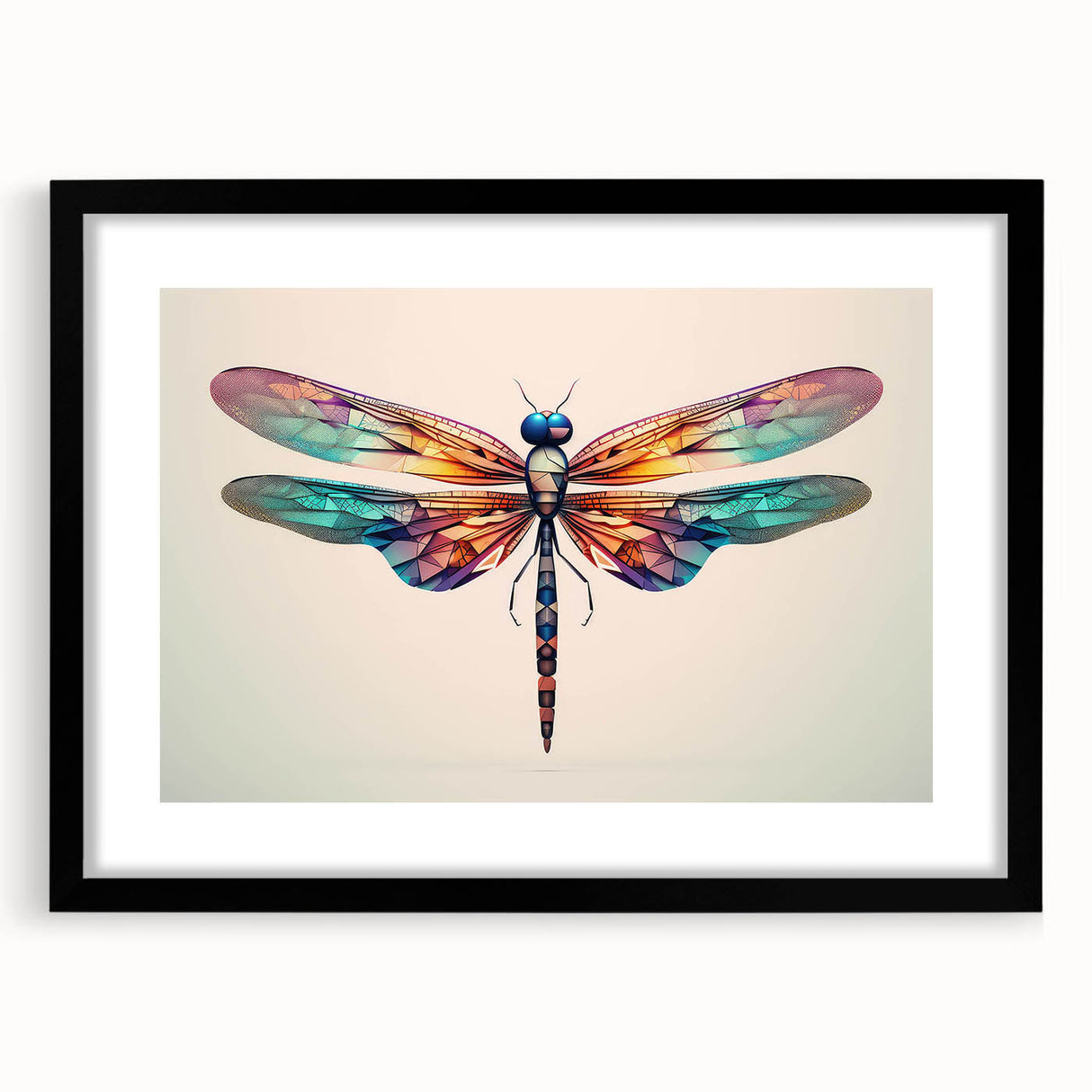 Framed wall art showcasing a detailed dragonfly design in black and white, with a sleek black mat and frame, ideal for nature-inspired home decor.