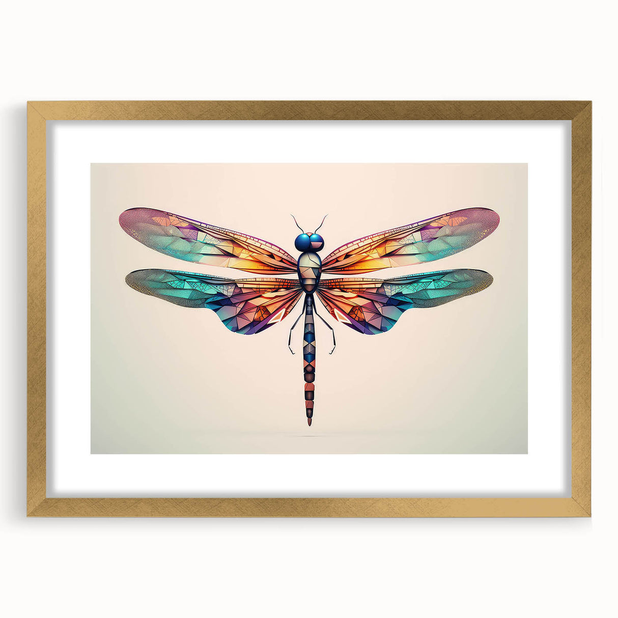 Gold-framed wall art featuring a detailed dragonfly design, showcasing intricate insect and arachnid elements with a modern touch, perfect for nature enthusiasts.