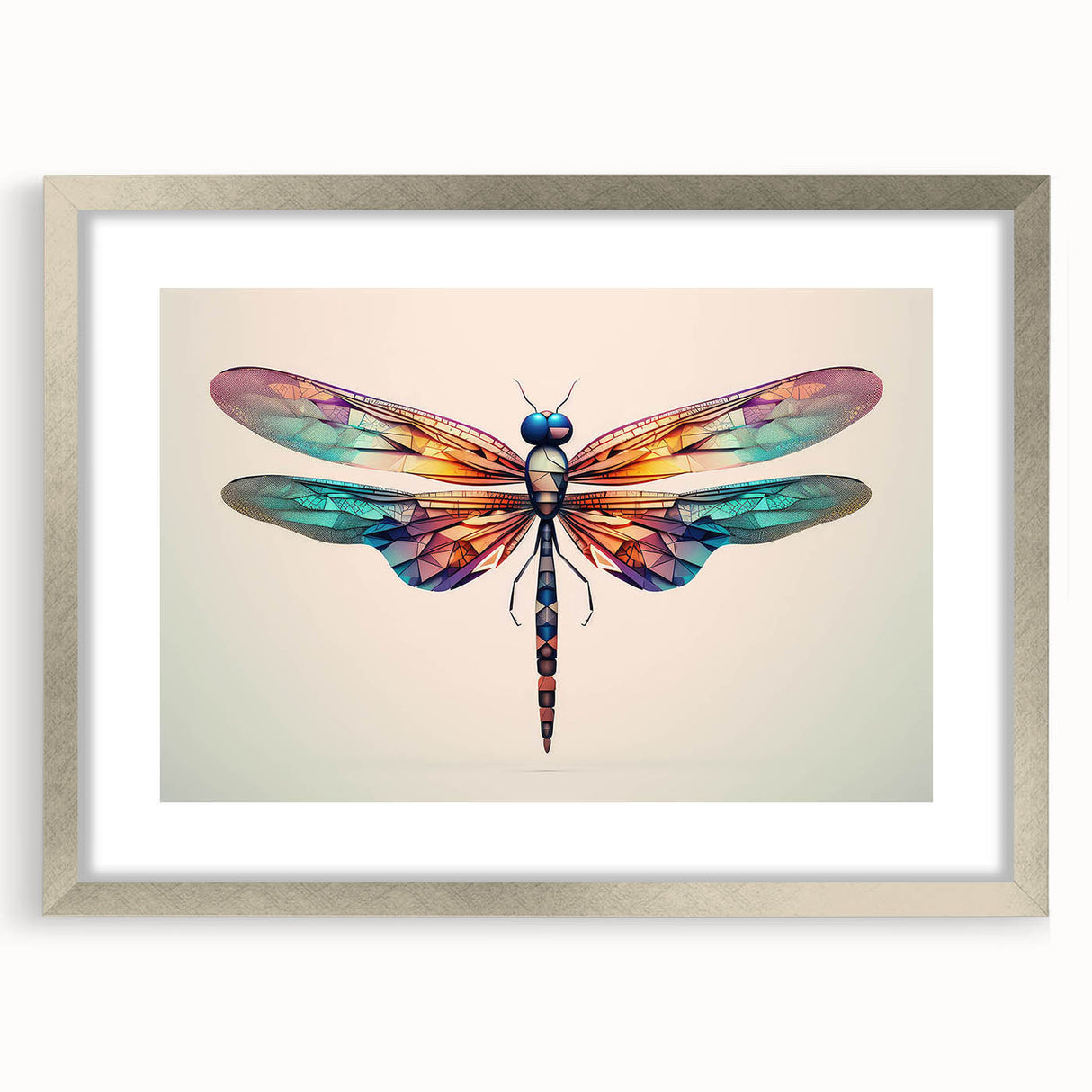 Framed wall art featuring a detailed dragonfly design, elegantly displayed with a silver frame and matting, perfect for nature-inspired decor in any setting.