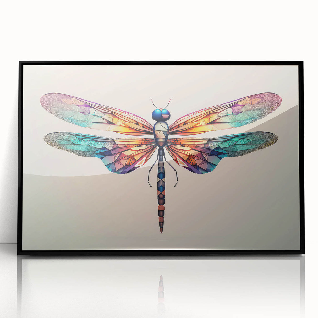Framed wall art featuring a detailed dragonfly design, crafted with vibrant colors on acrylic. The artwork showcases intricate patterns and textures, perfect for nature enthusiasts.