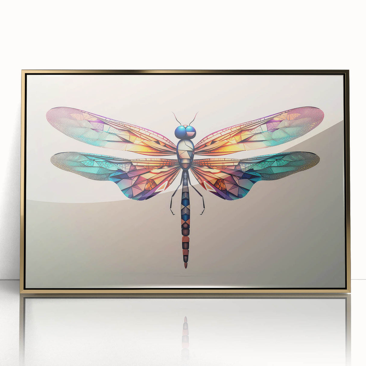 Framed wall art showcasing a detailed dragonfly design in gold-acrylic finish, perfect for nature enthusiasts. The piece adds elegance to any decor setting.