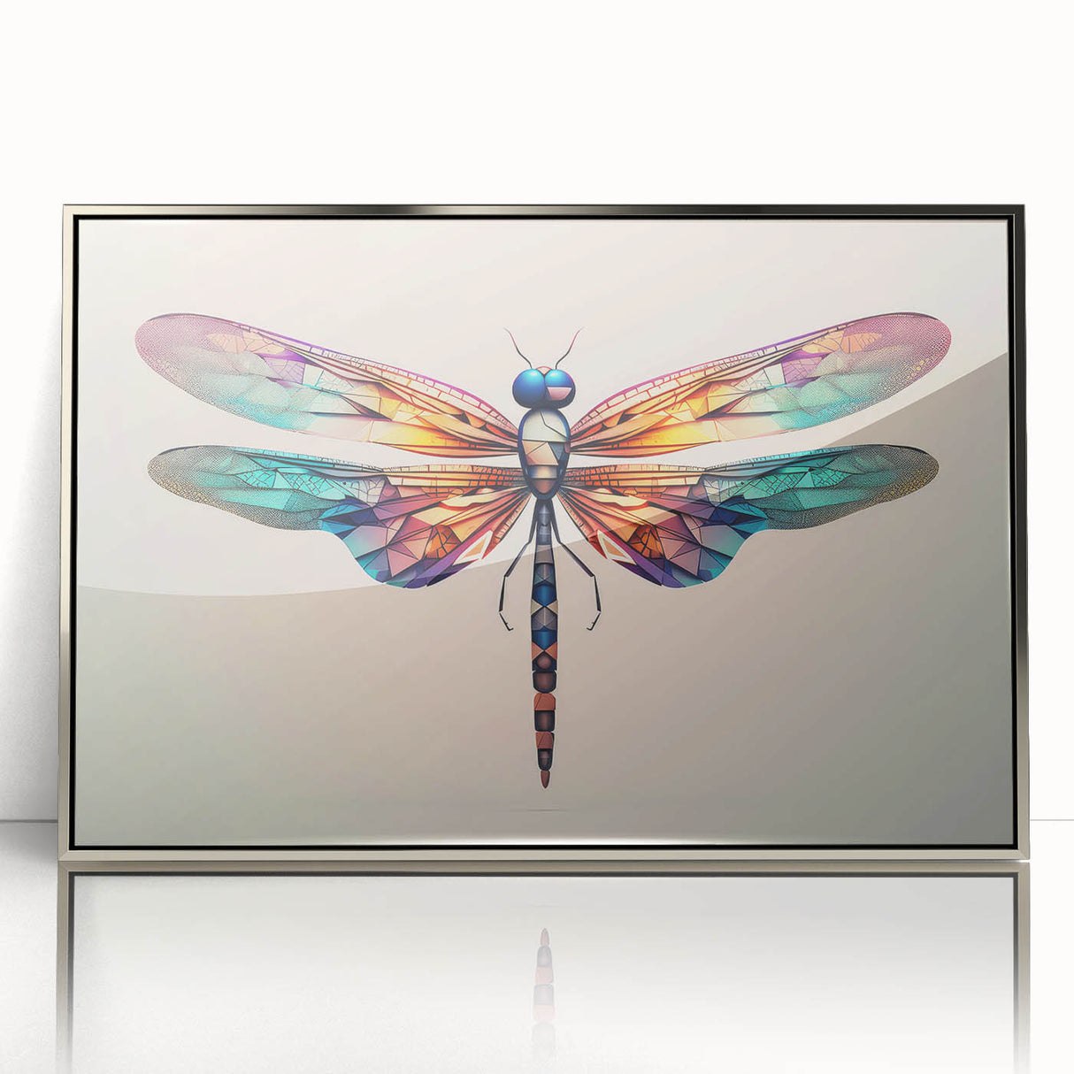 Framed wall art showcasing an intricate dragonfly design from the Insect and Arachnid collection, featuring silver accents and a sleek acrylic front view. Perfect for nature enthusiasts seeking elegant home decor.