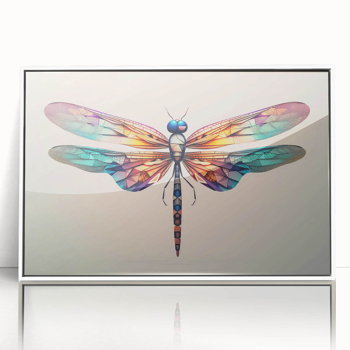 Framed wall art featuring a vibrant dragonfly design, showcasing intricate details and a white frame, perfect for adding a touch of nature-inspired decor to any space.