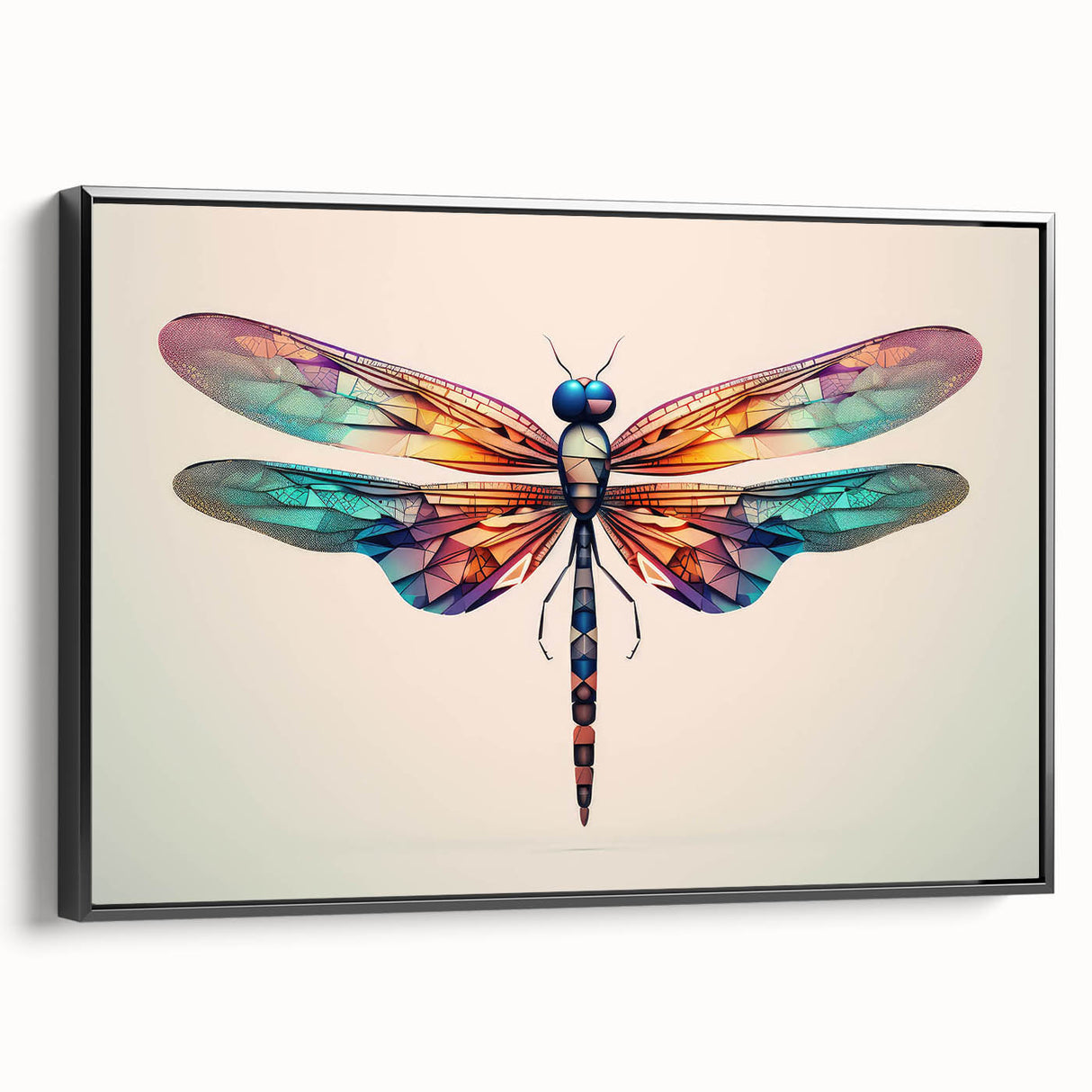 Framed wall art collection featuring a detailed dragonfly design on canvas, with a black frame enhancing its vibrant colors, suitable for modern home decor.