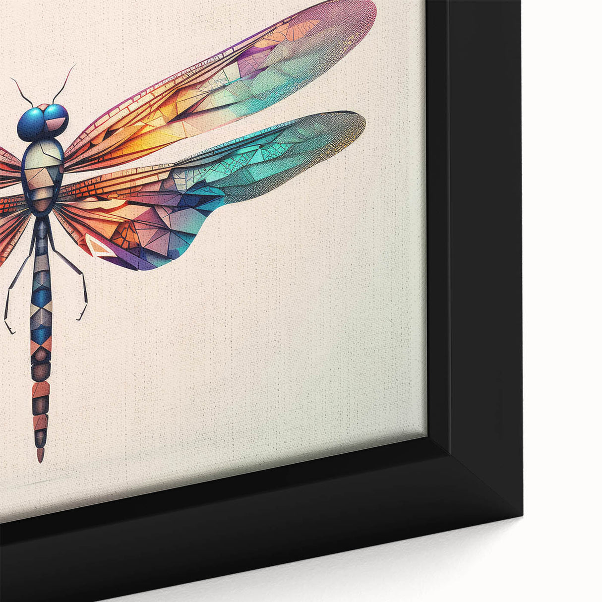 Close-up of a framed canvas wall art featuring a detailed dragonfly design, showcasing vibrant colors and intricate patterns, perfect for nature enthusiasts and home decor.