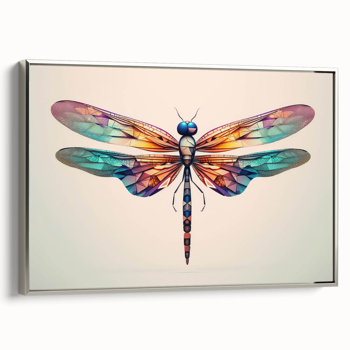 Framed wall art showcasing a detailed dragonfly design in vibrant colors, set against a silver background. Ideal for nature lovers and home decor enthusiasts.