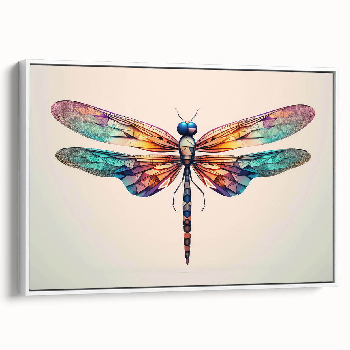 Framed wall art showcasing a detailed dragonfly design in vibrant colors on a white background, perfect for adding a nature-inspired touch to modern decor.