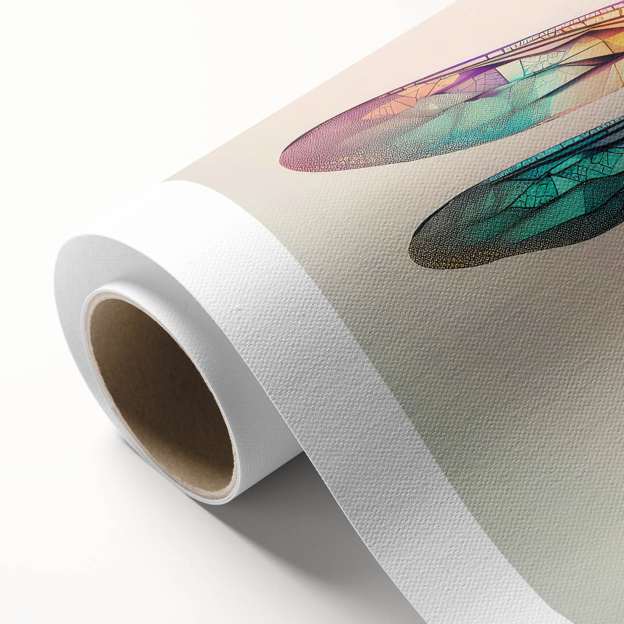 Vibrant dragonfly design wall art on rolled canvas, showcasing intricate details and colors, perfect for nature lovers and home decor enthusiasts.