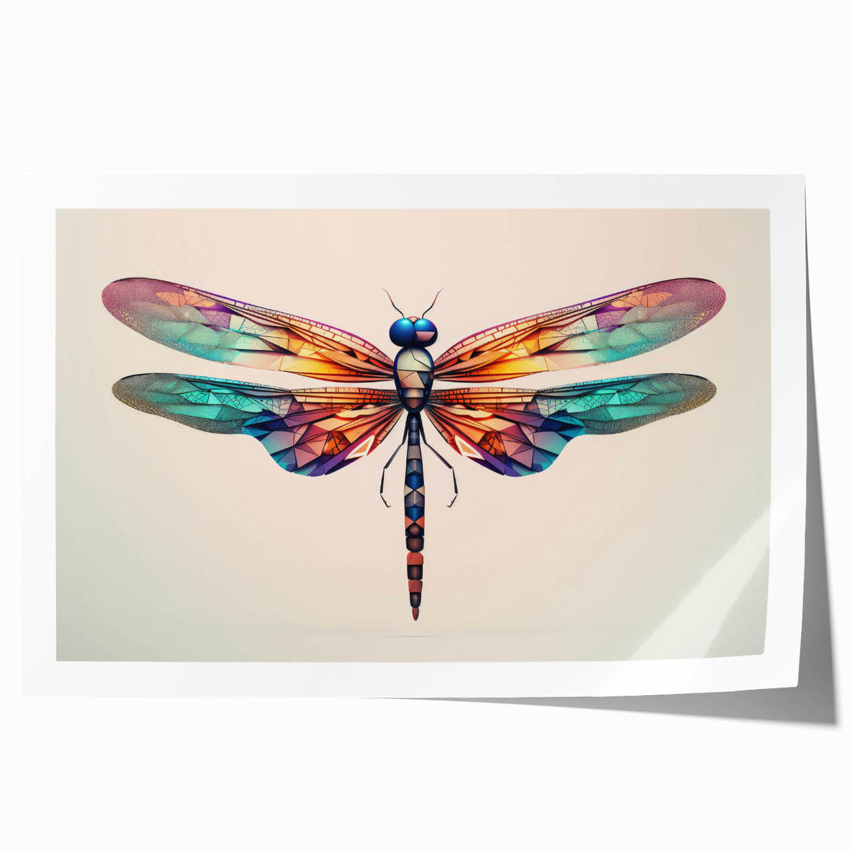 Colorful dragonfly wall art print, showcasing intricate insect and arachnid designs, ideal for nature-themed decor, rolled and ready for framing.