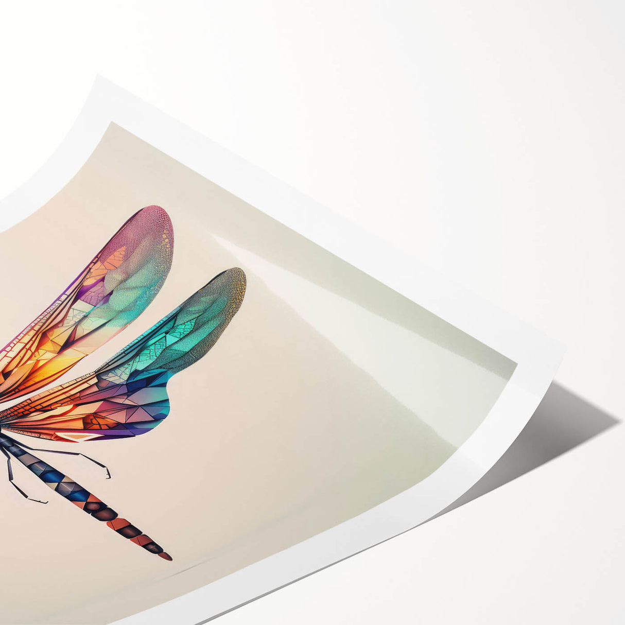 Vibrant dragonfly design wall art print showcasing intricate details and vivid colors, rolled for easy display and framed in a stylish setting. Perfect for nature enthusiasts and home decor lovers.