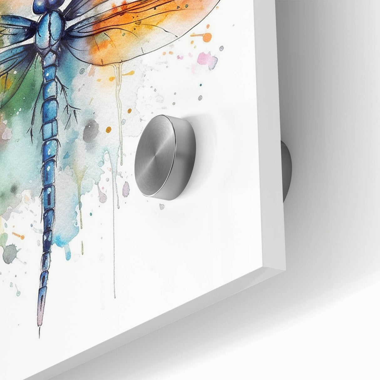 Close-up view of a vibrant dragonfly wall art design, showcasing intricate details and colors on acrylic glass, perfect for nature enthusiasts and home decor.