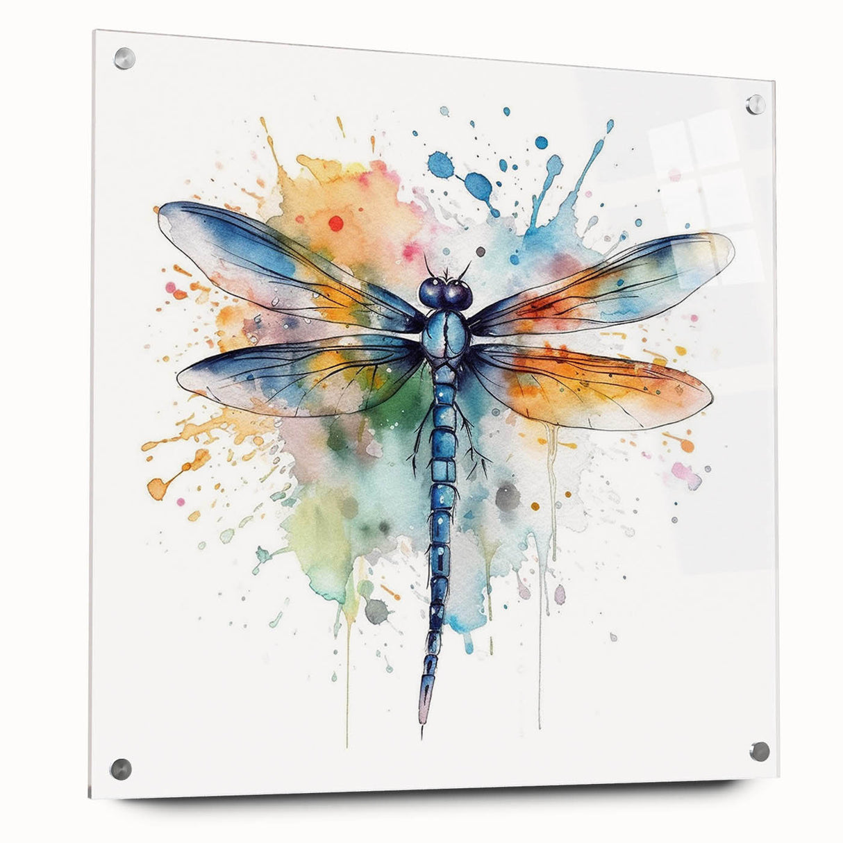Side view of a dragonfly-themed wall art collection, showcasing intricate insect and arachnid designs on acrylic glass, elegantly displayed with pins.