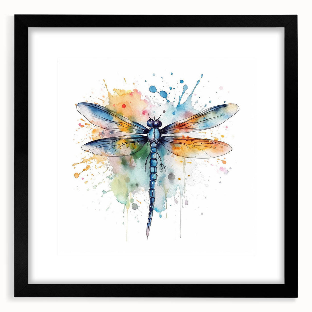 Black-framed wall art showcasing a dragonfly and arachnid design, elegantly matted, perfect for enhancing home decor with a touch of nature-inspired elegance.