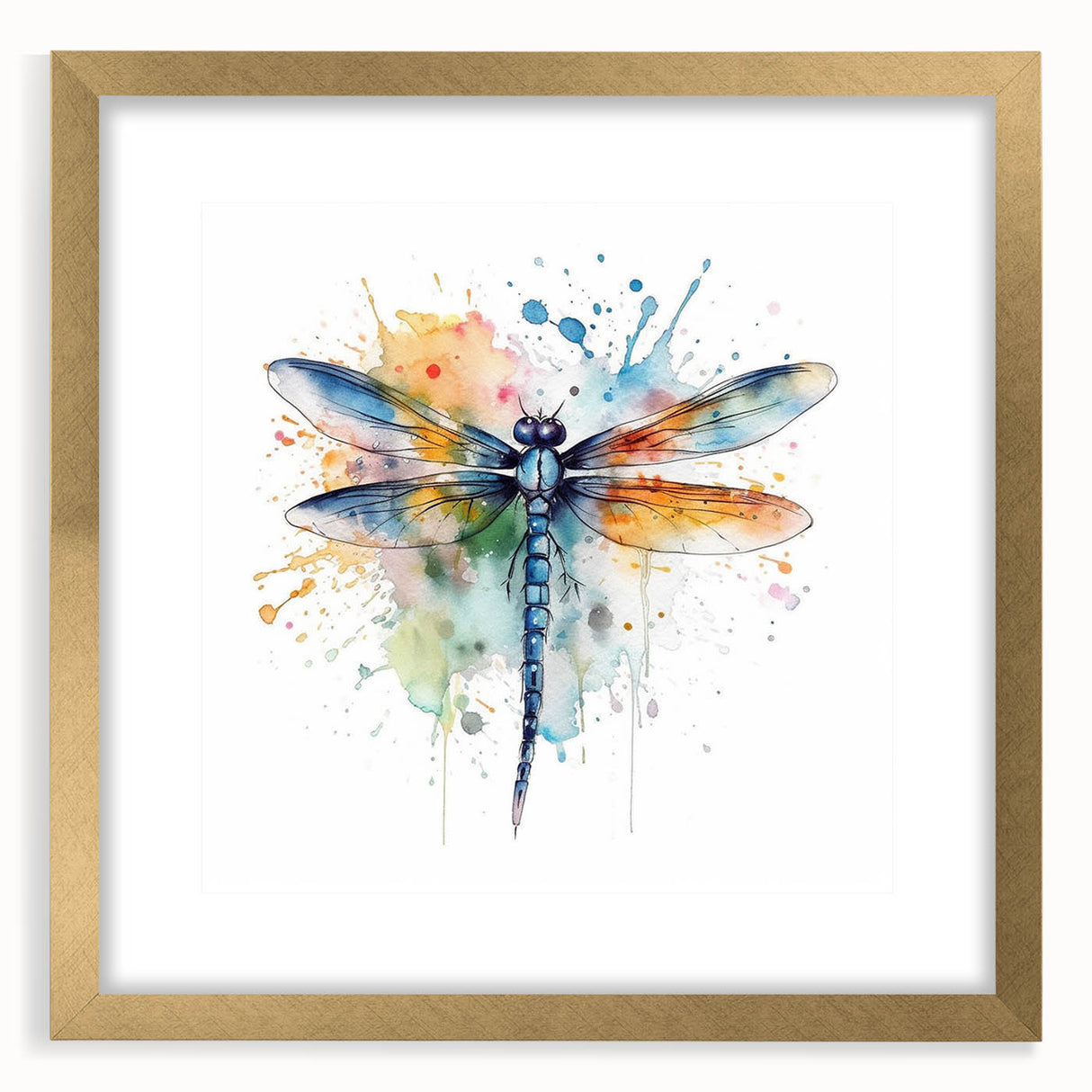 Gold-framed wall art showcasing a detailed dragonfly design, part of an insect and arachnid collection, featuring a decorative mat and elegant presentation.