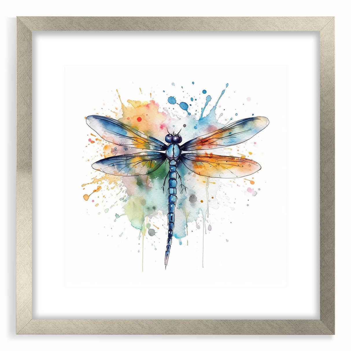 Framed wall art collection showcasing an intricate dragonfly design in silver tones, featuring a mat for an elegant presentation, perfect for nature enthusiasts' decor.
