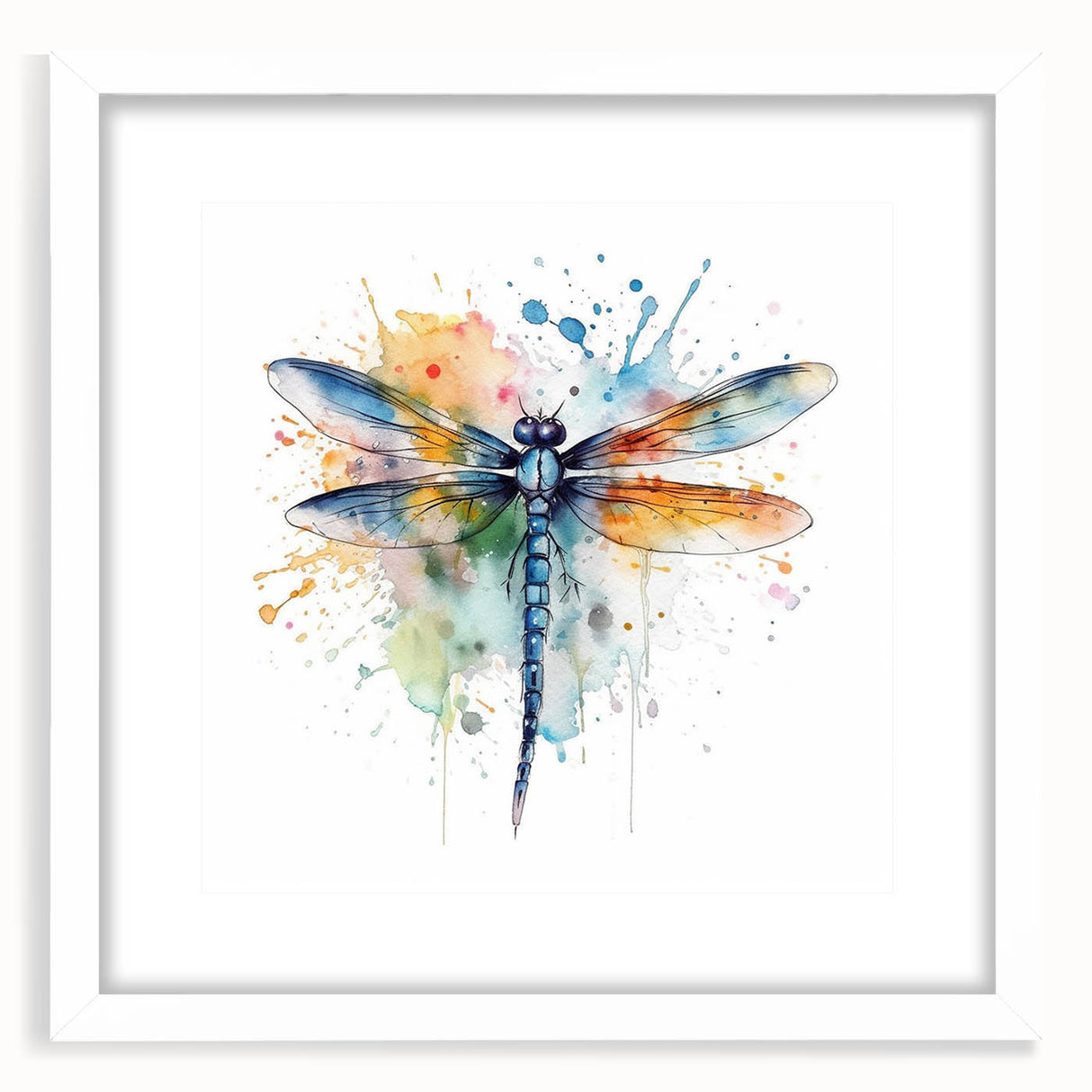 Framed wall art featuring a detailed dragonfly design in vibrant colors, set against a white mat, perfect for nature lovers and modern decor enthusiasts.