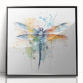 Framed wall art featuring a detailed dragonfly design in vibrant colors, set against a sleek black background, perfect for nature lovers and modern decor.
