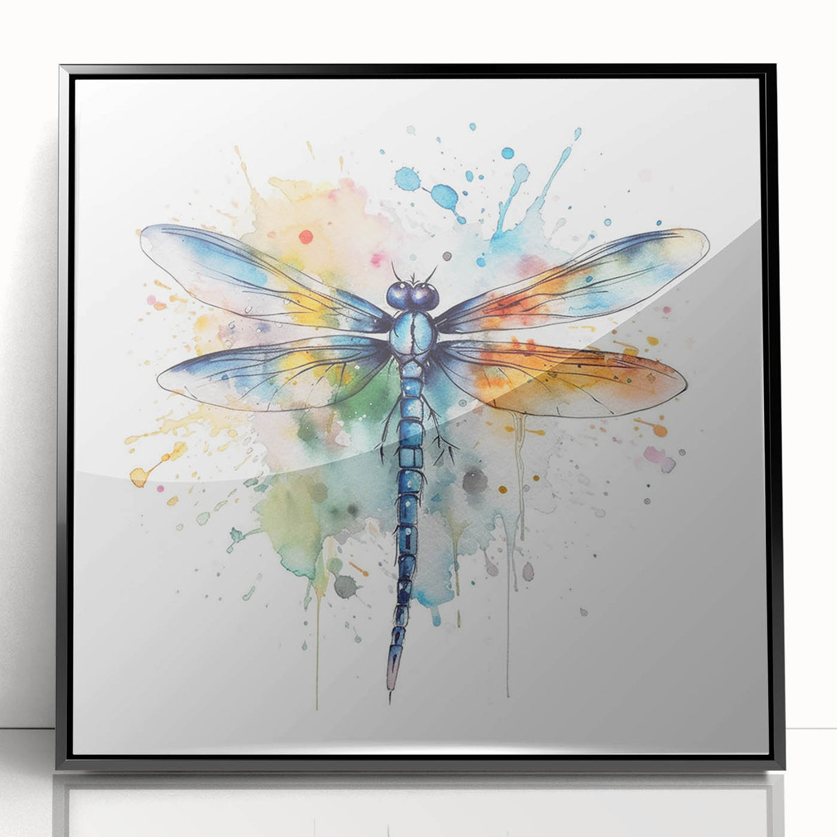 Framed wall art featuring a detailed dragonfly design in vibrant colors, set against a sleek black background, perfect for nature lovers and modern decor.